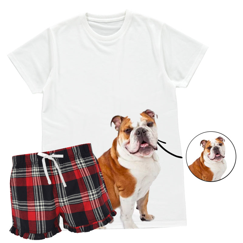 Women's Dog Face Pyjamas - Red Tartan Shorts Set